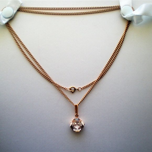 Vintage Russian 14K 585 Rose Gold Faceted Rock Crystal Pendant Necklace Chain - Picture 3 of 6